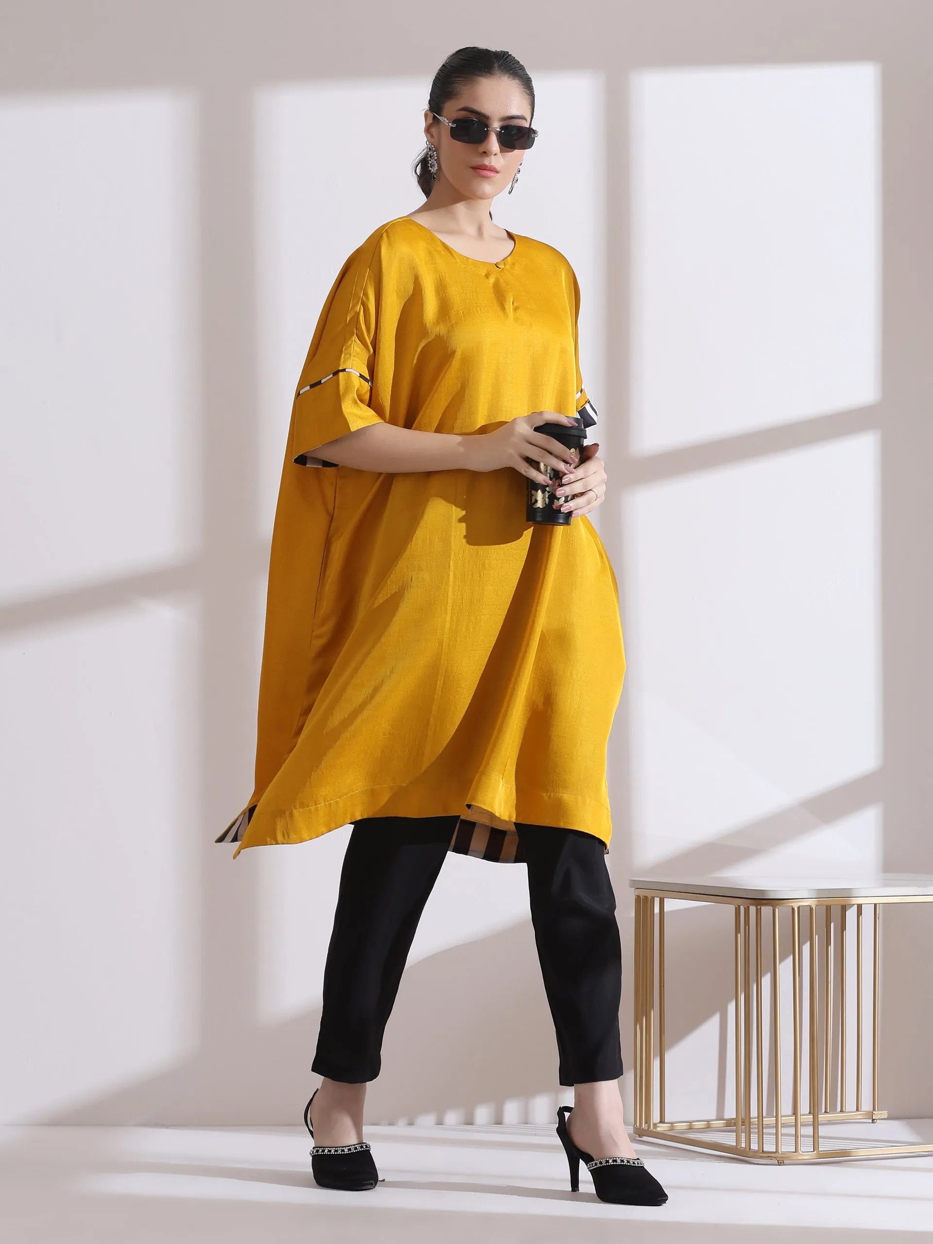 2 Pc Set - Prf'T Lux Easy Yellow Kurta With Chevron Inner Details With Black Pant