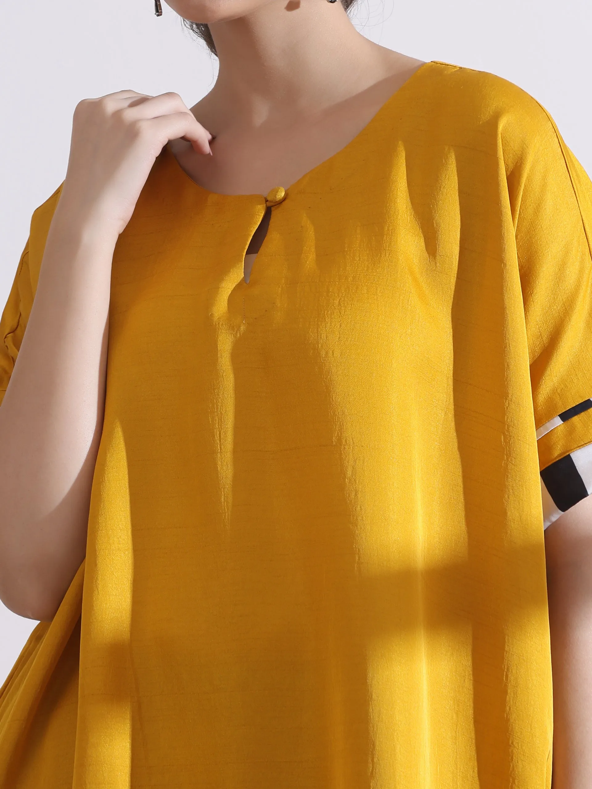 2 Pc Set - Prf'T Lux Easy Yellow Kurta With Chevron Inner Details With Black Pant