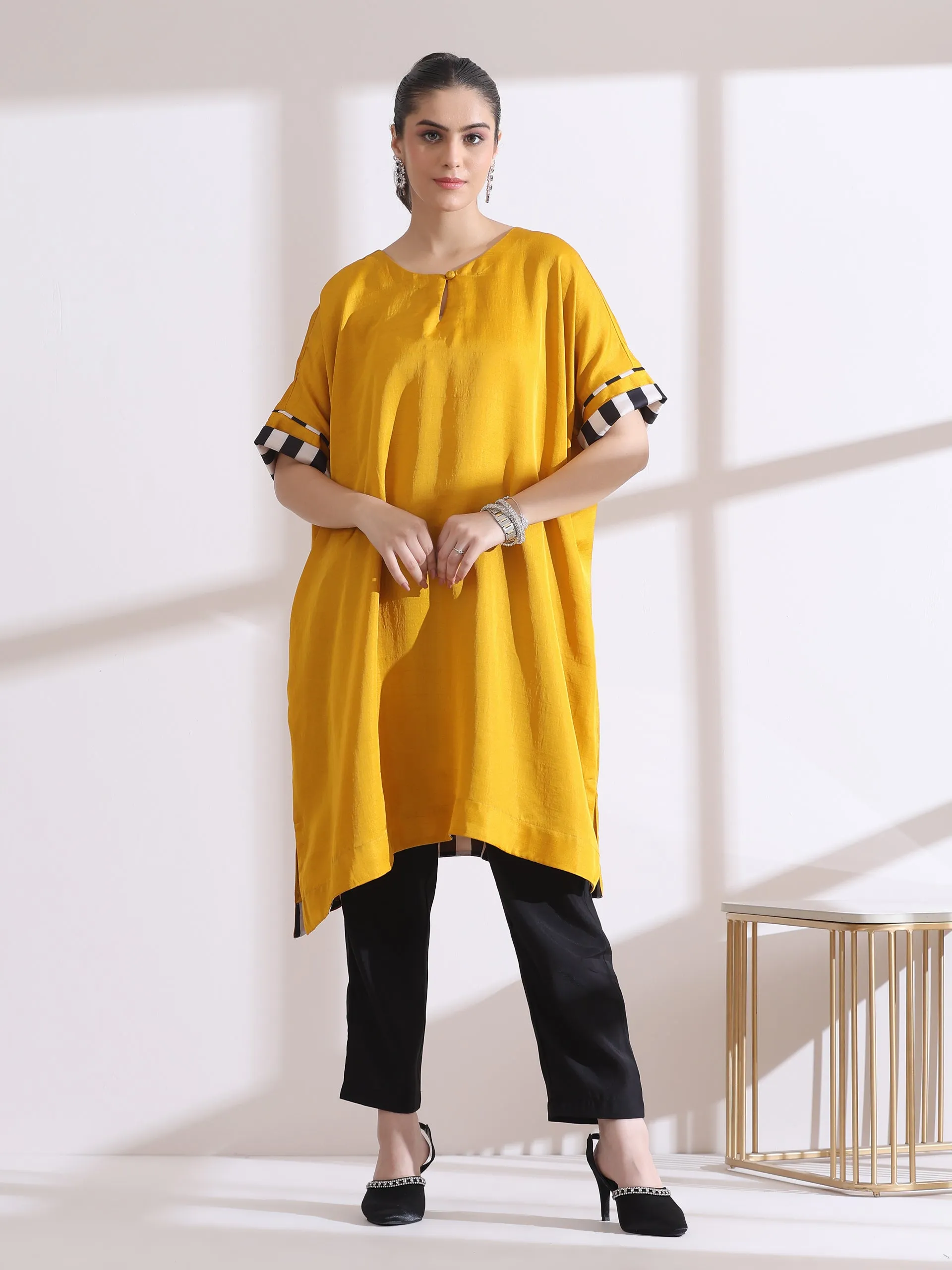 2 Pc Set - Prf'T Lux Easy Yellow Kurta With Chevron Inner Details With Black Pant