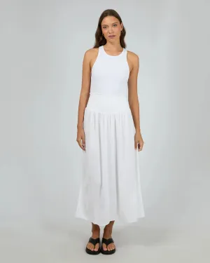 ALL ABOUT EVE LUXE LINEN SHIRRED MAXI SKIRT VINTAGE WHITE