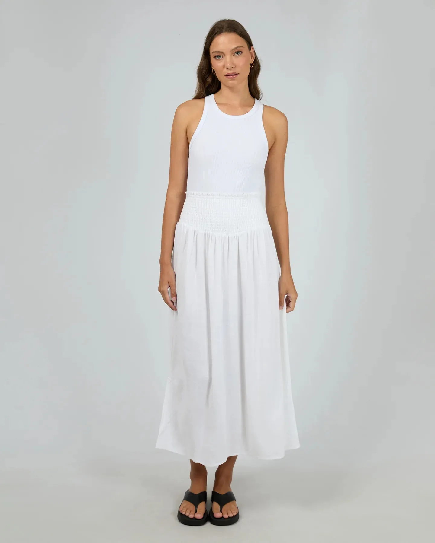 ALL ABOUT EVE LUXE LINEN SHIRRED MAXI SKIRT VINTAGE WHITE