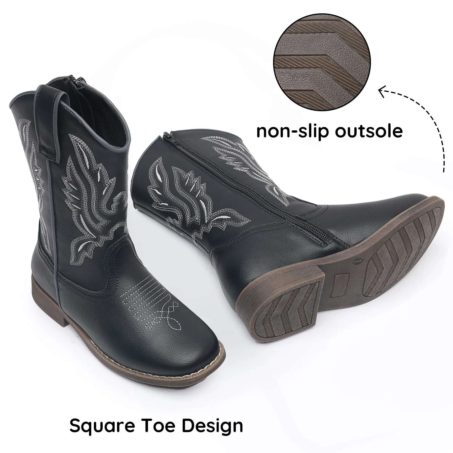 Apakowa Kids Boys Girls Square Toe Cowboy Boots-RF917-Black