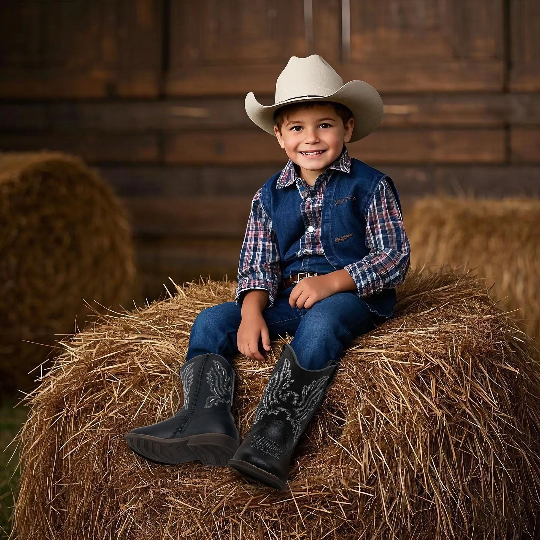 Apakowa Kids Boys Girls Square Toe Cowboy Boots-RF917-Black