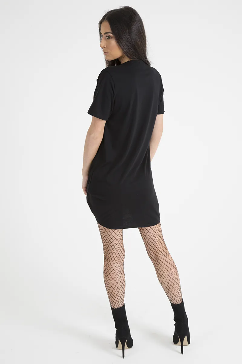 Black Eagle Print Cut Out Pin T-Shirt Dress - Thea