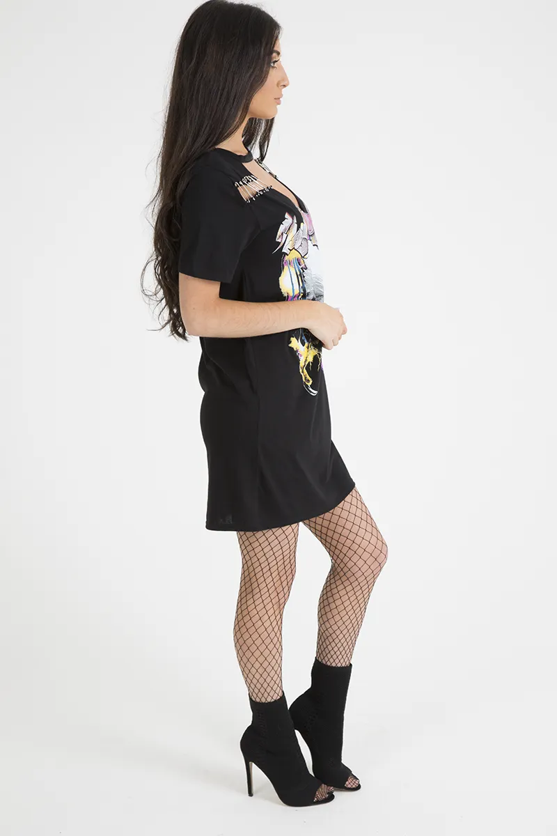 Black Eagle Print Cut Out Pin T-Shirt Dress - Thea
