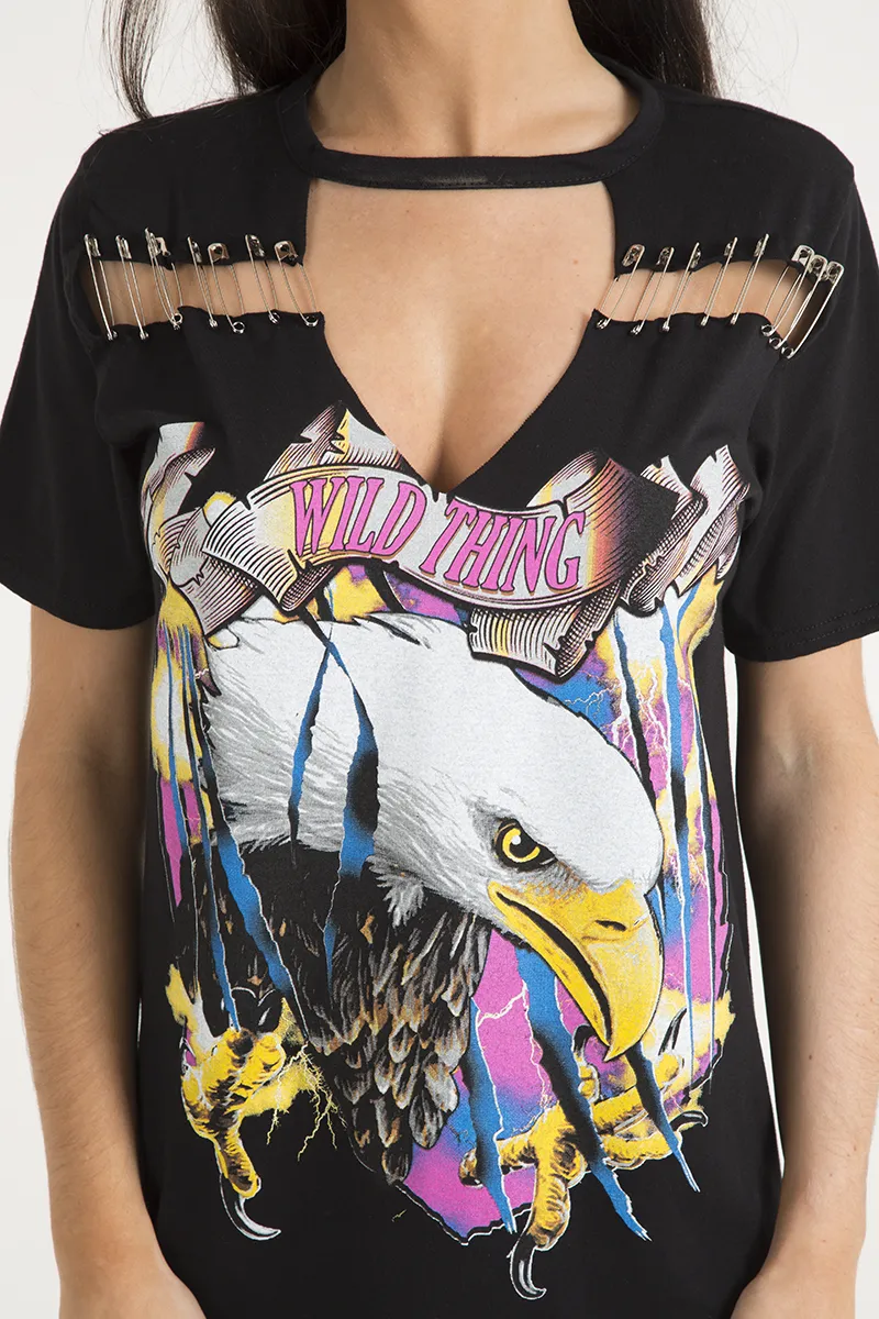 Black Eagle Print Cut Out Pin T-Shirt Dress - Thea