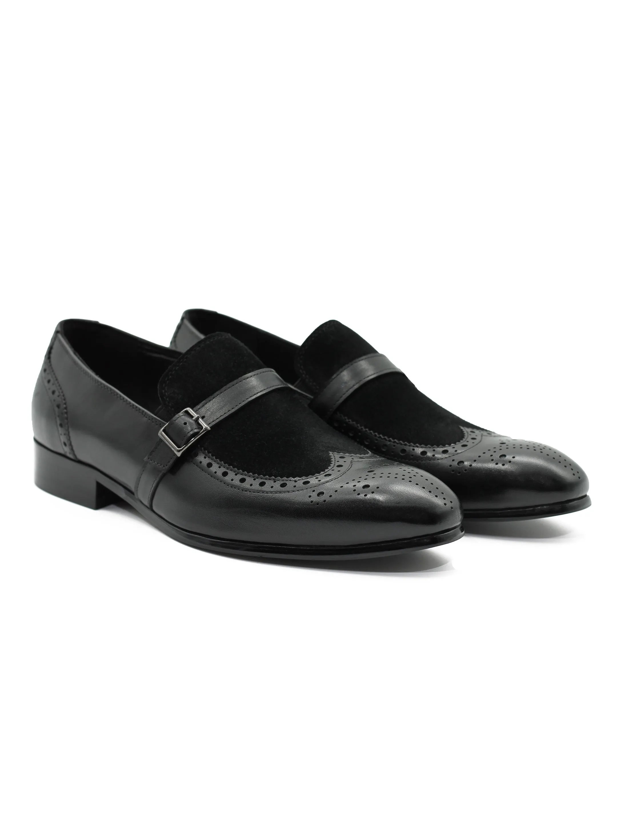 BLACK LEATHER & SUEDE MONK STRAP BROUGES