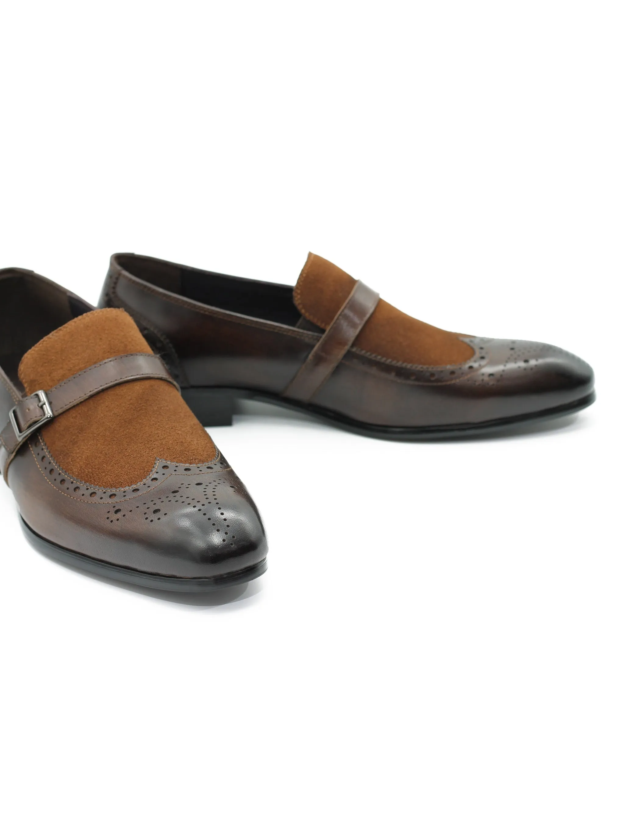 BROWN LEATHER & SUEDE MONK STRAP BROUGES