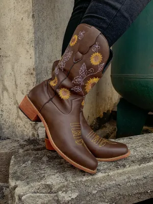 Brown Sunflower Embroidered Cowboy Knee Boots