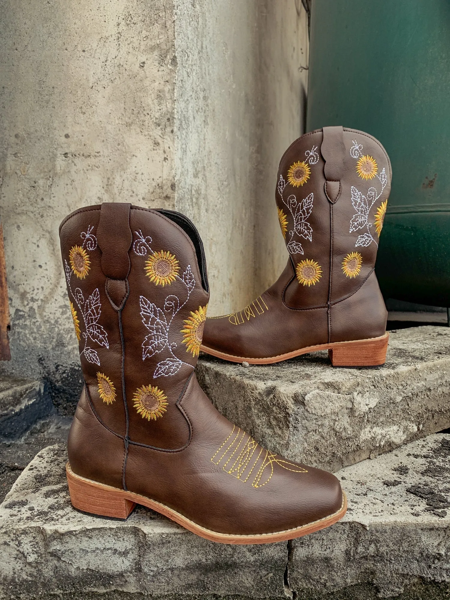 Brown Sunflower Embroidered Cowboy Knee Boots