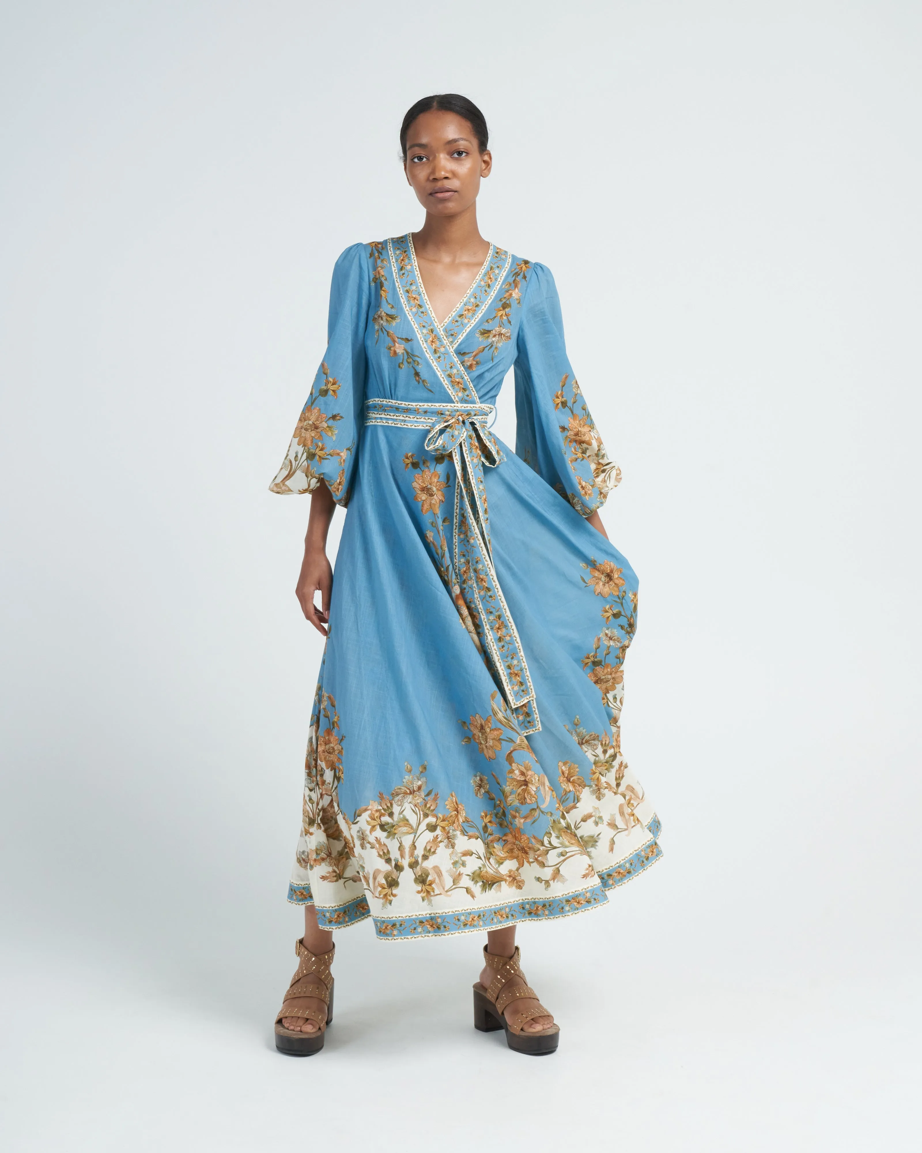 chintz wrap midi dress - blue daisy floral