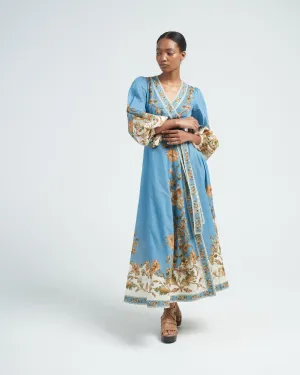 chintz wrap midi dress - blue daisy floral