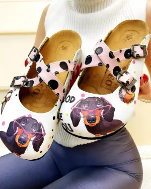 Cream Dachshund Polka Dot 'Good to See You' Crisscross-Strap Clogs - WCAL3211