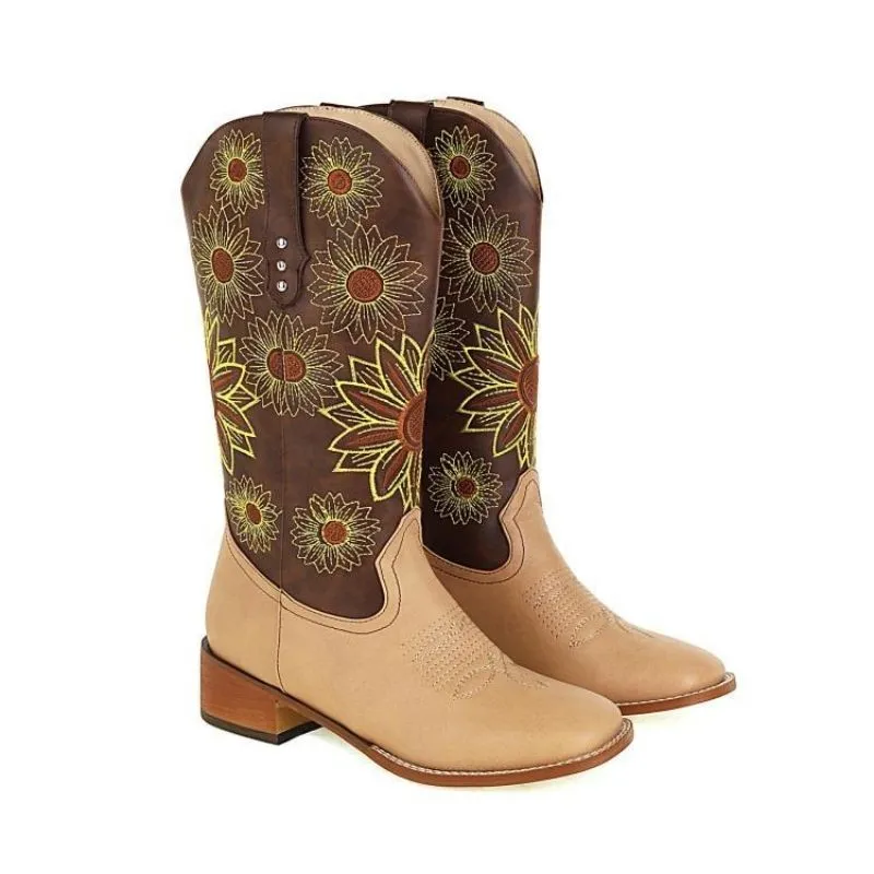 Customized Sunflower Embroidered Leather-patch Western Boots