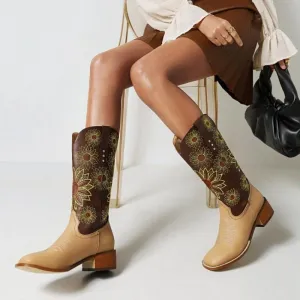 Customized Sunflower Embroidered Leather-patch Western Boots