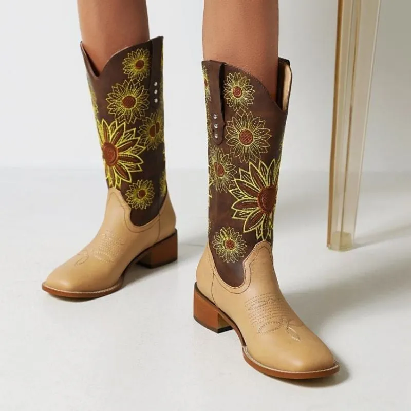 Customized Sunflower Embroidered Leather-patch Western Boots