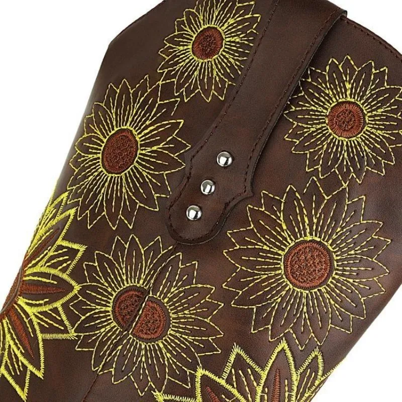 Customized Sunflower Embroidered Leather-patch Western Boots