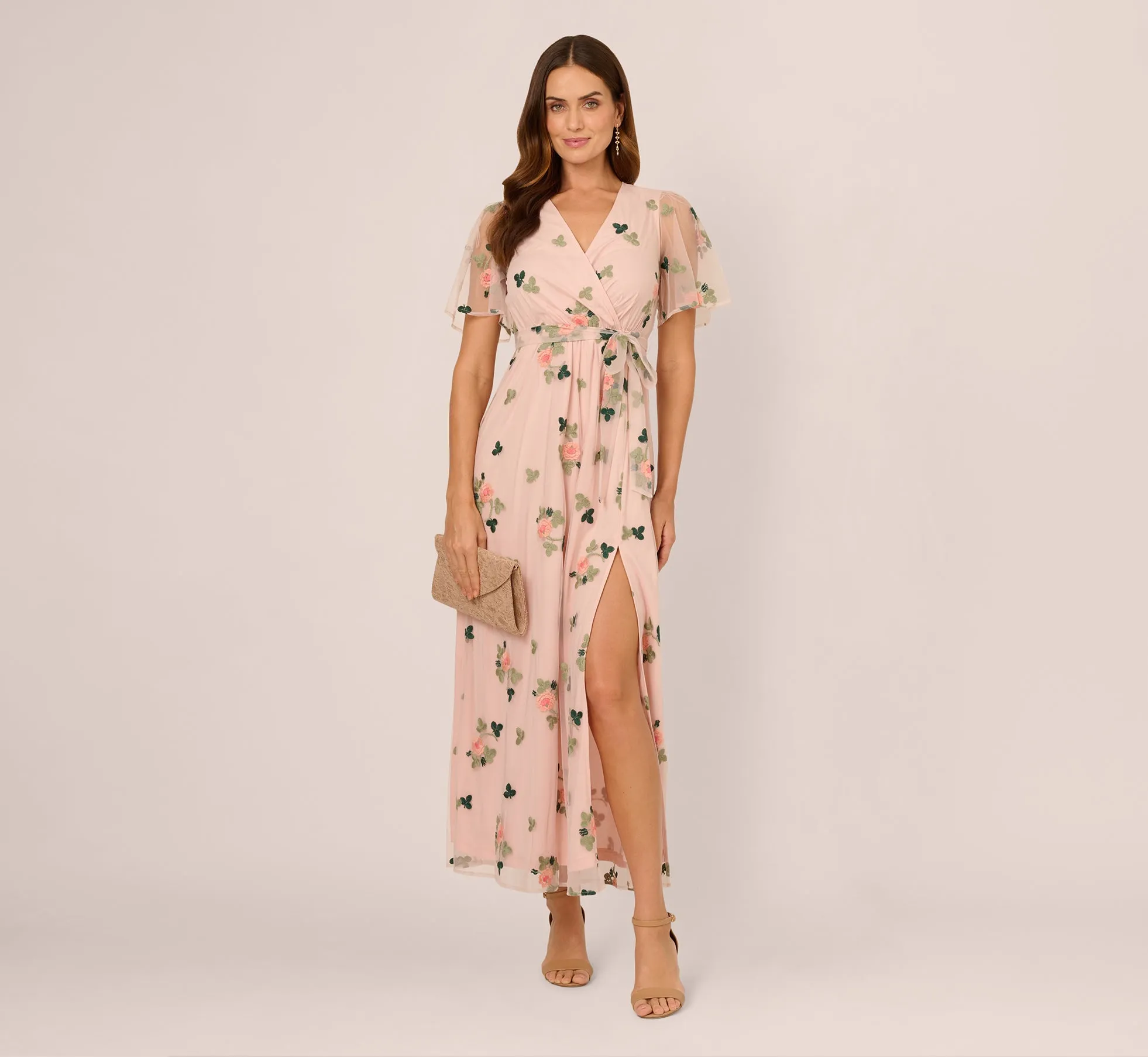 Floral Embroidered Maxi Dress With Sheer Flutter Sleeves In Blush Multi