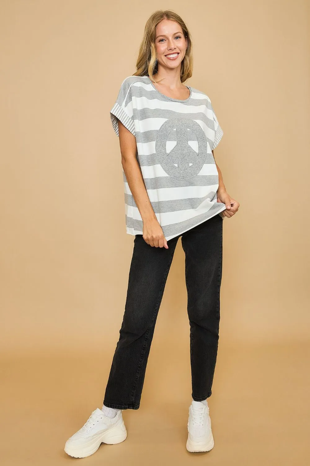 Gray Peace Sign Patch Striped French Terry T-Shirt