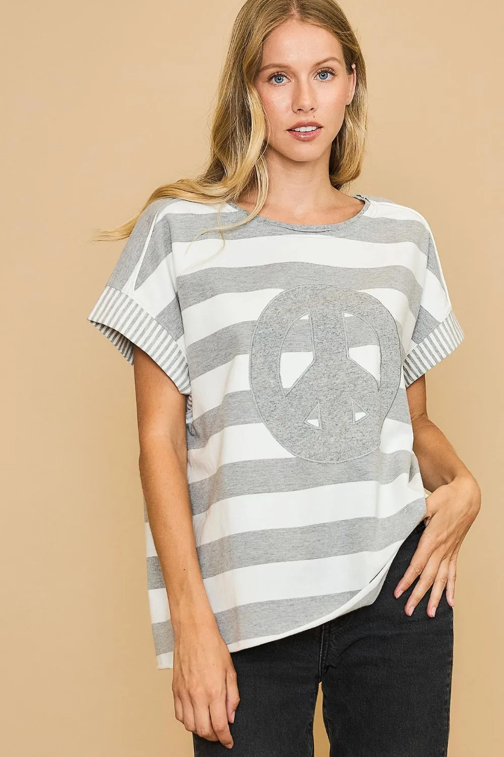 Gray Peace Sign Patch Striped French Terry T-Shirt