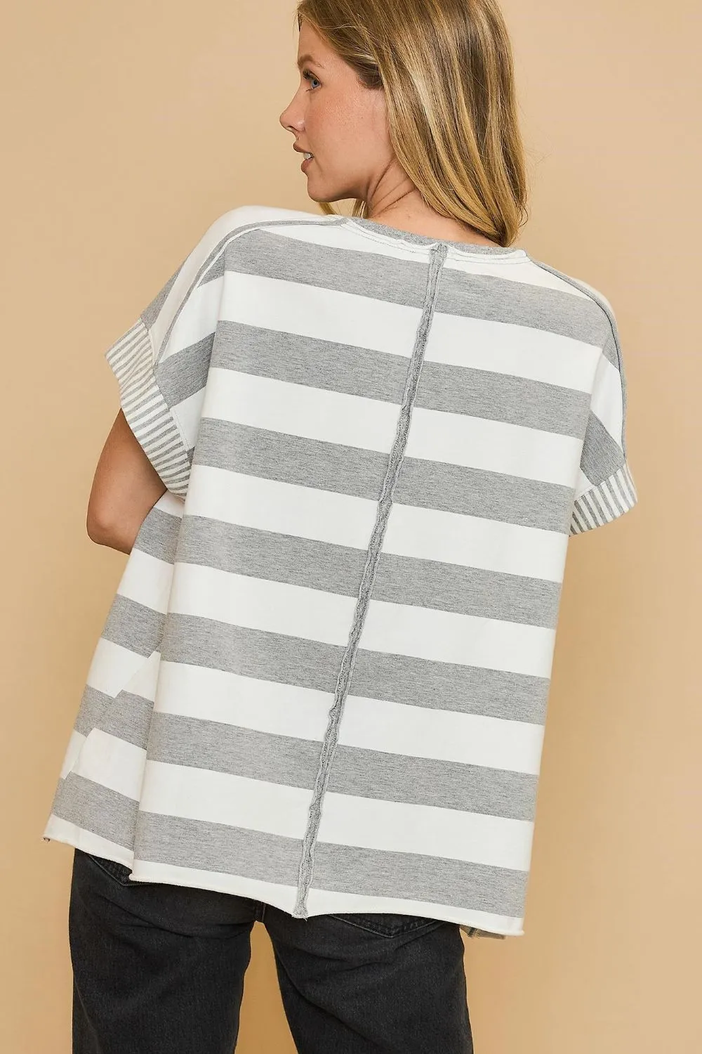 Gray Peace Sign Patch Striped French Terry T-Shirt