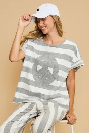 Gray Peace Sign Patch Striped French Terry T-Shirt