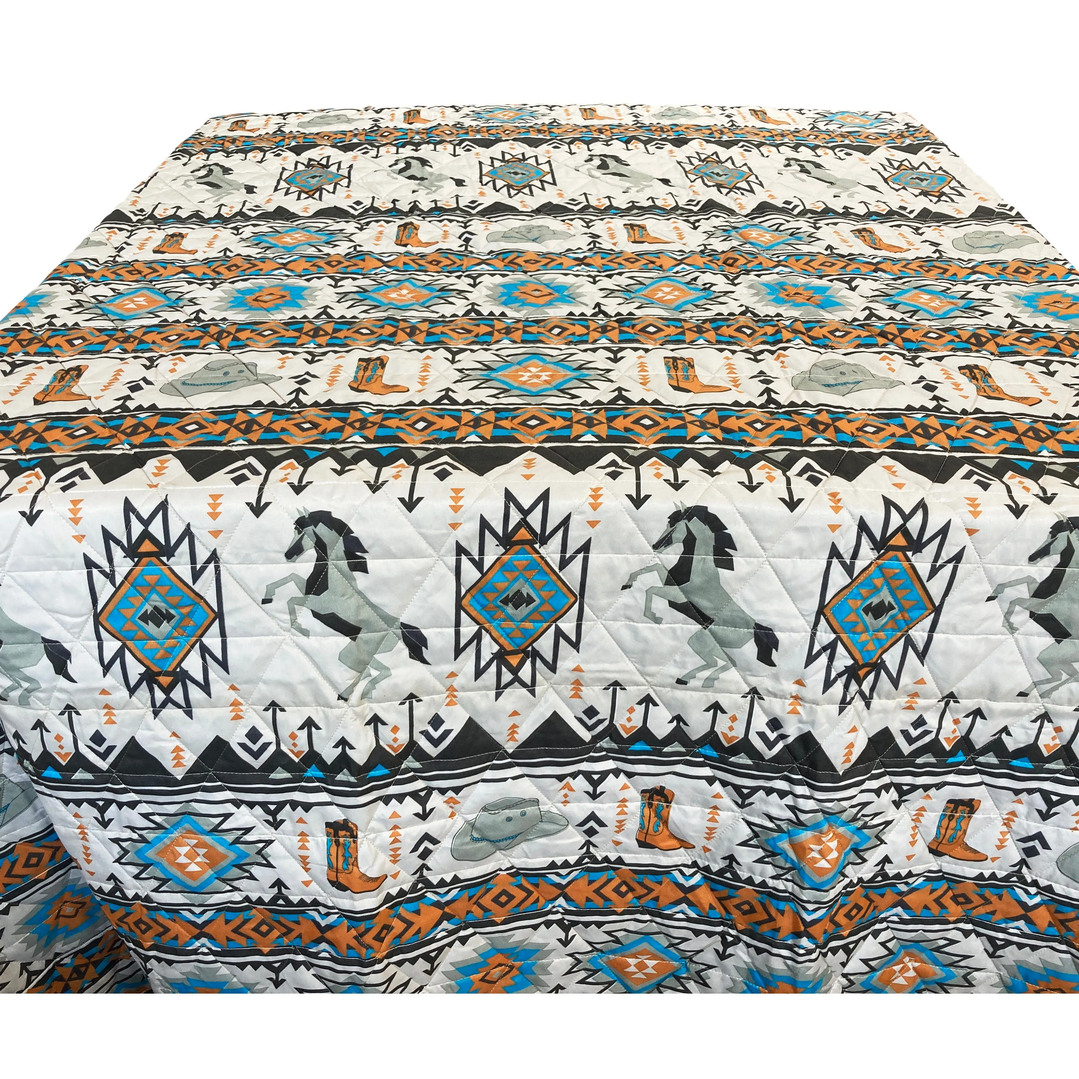 Horse Cowboy Hat and Boots Native Indian Pattern Print 3 Piece Quilt Bedding Set