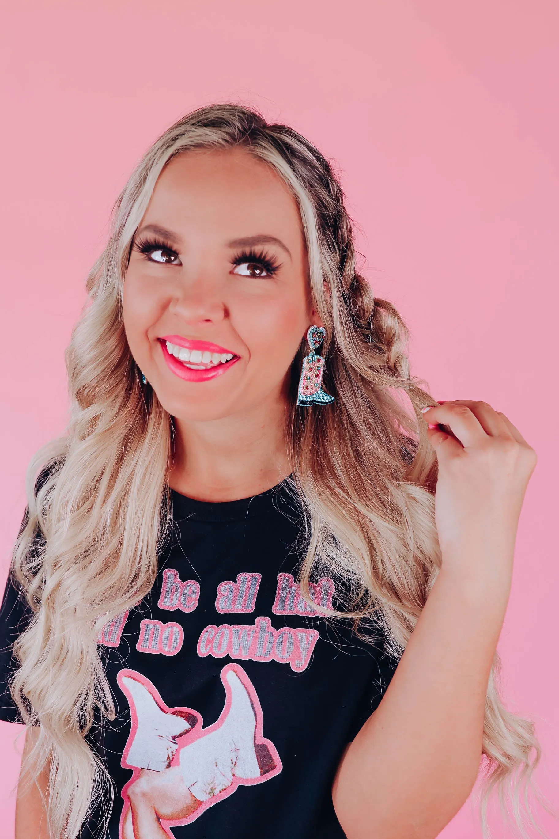 Jolene Beaded Cowgirl Boot Earrings By Taylor Shaye - Blue/Pink