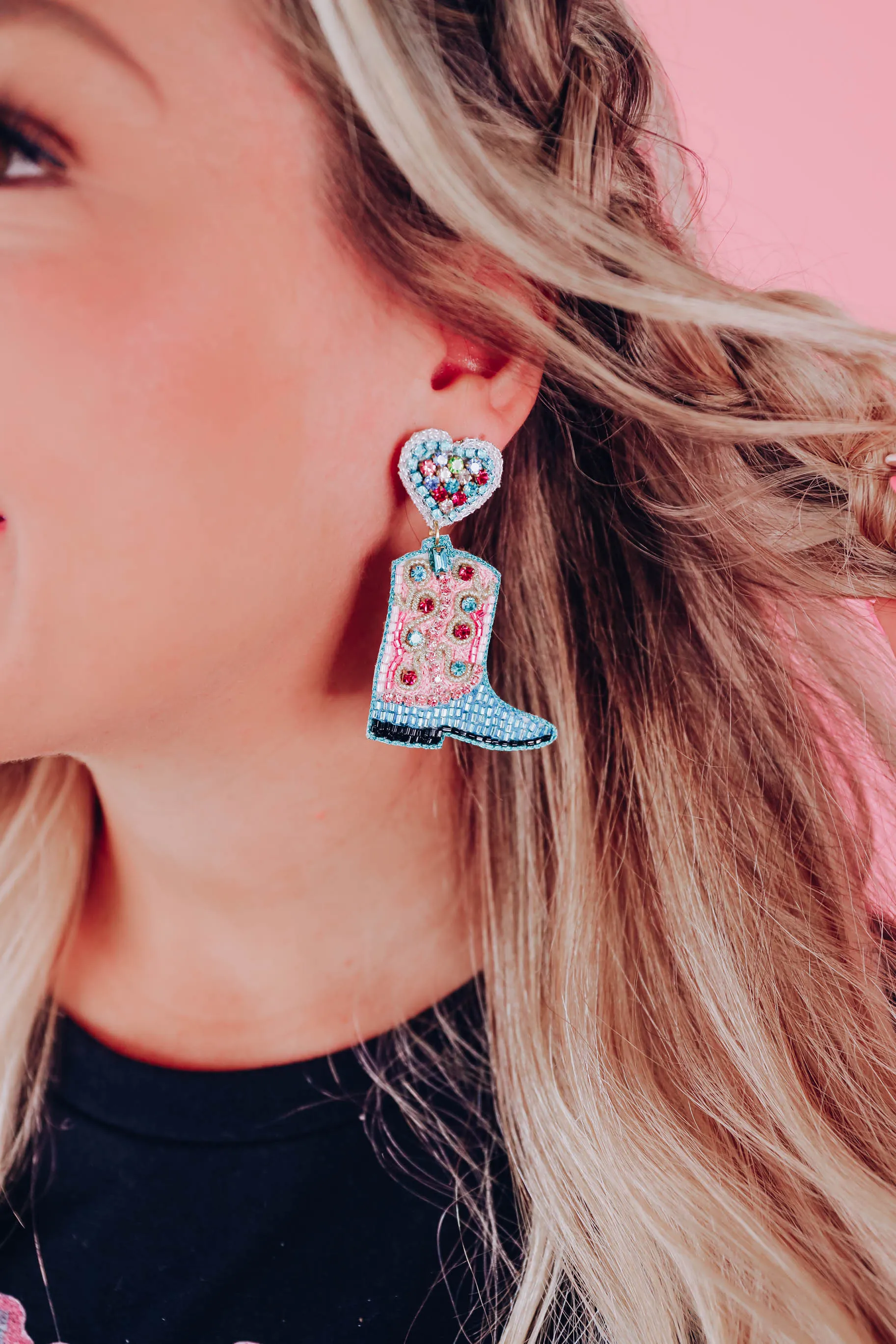 Jolene Beaded Cowgirl Boot Earrings By Taylor Shaye - Blue/Pink