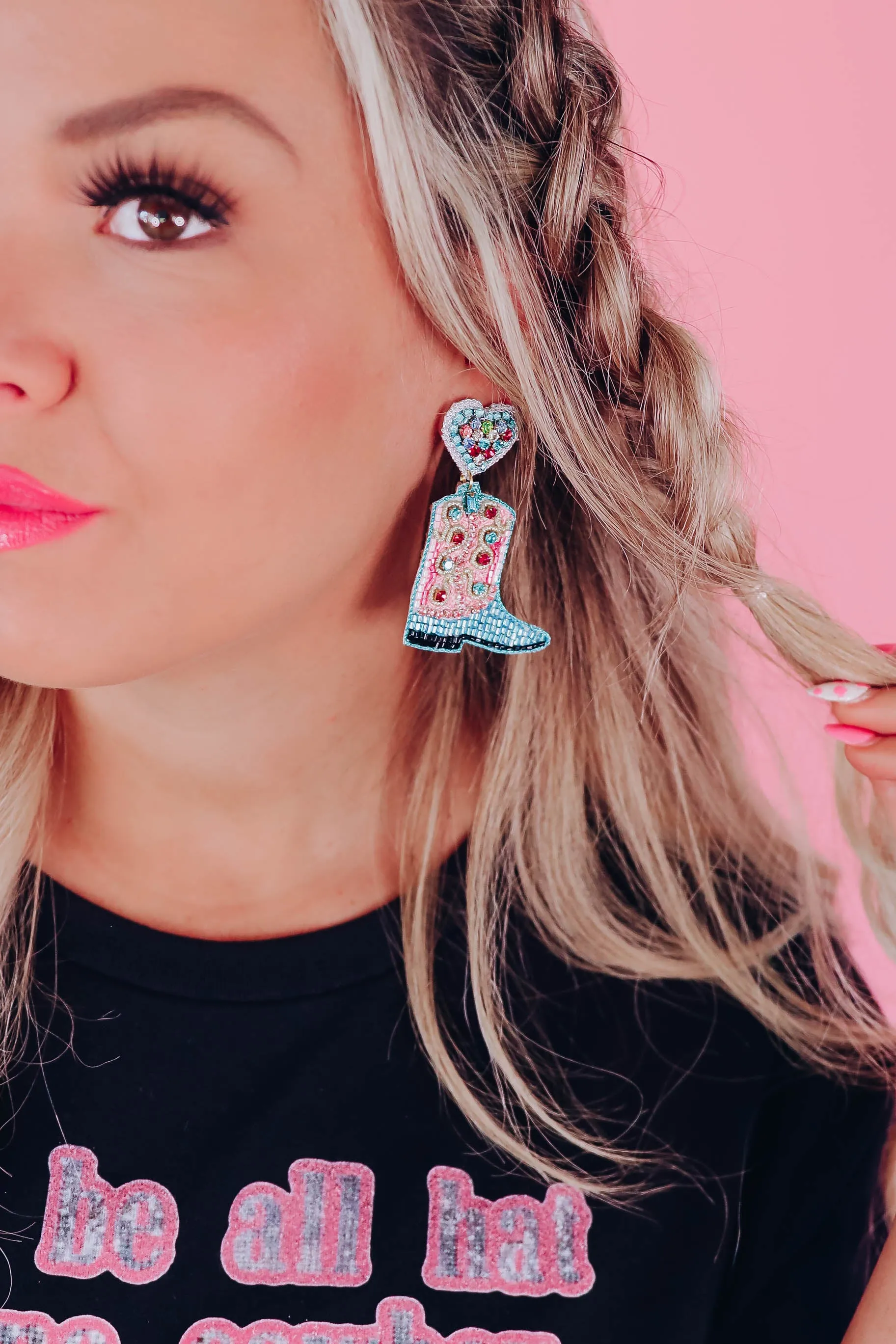 Jolene Beaded Cowgirl Boot Earrings By Taylor Shaye - Blue/Pink