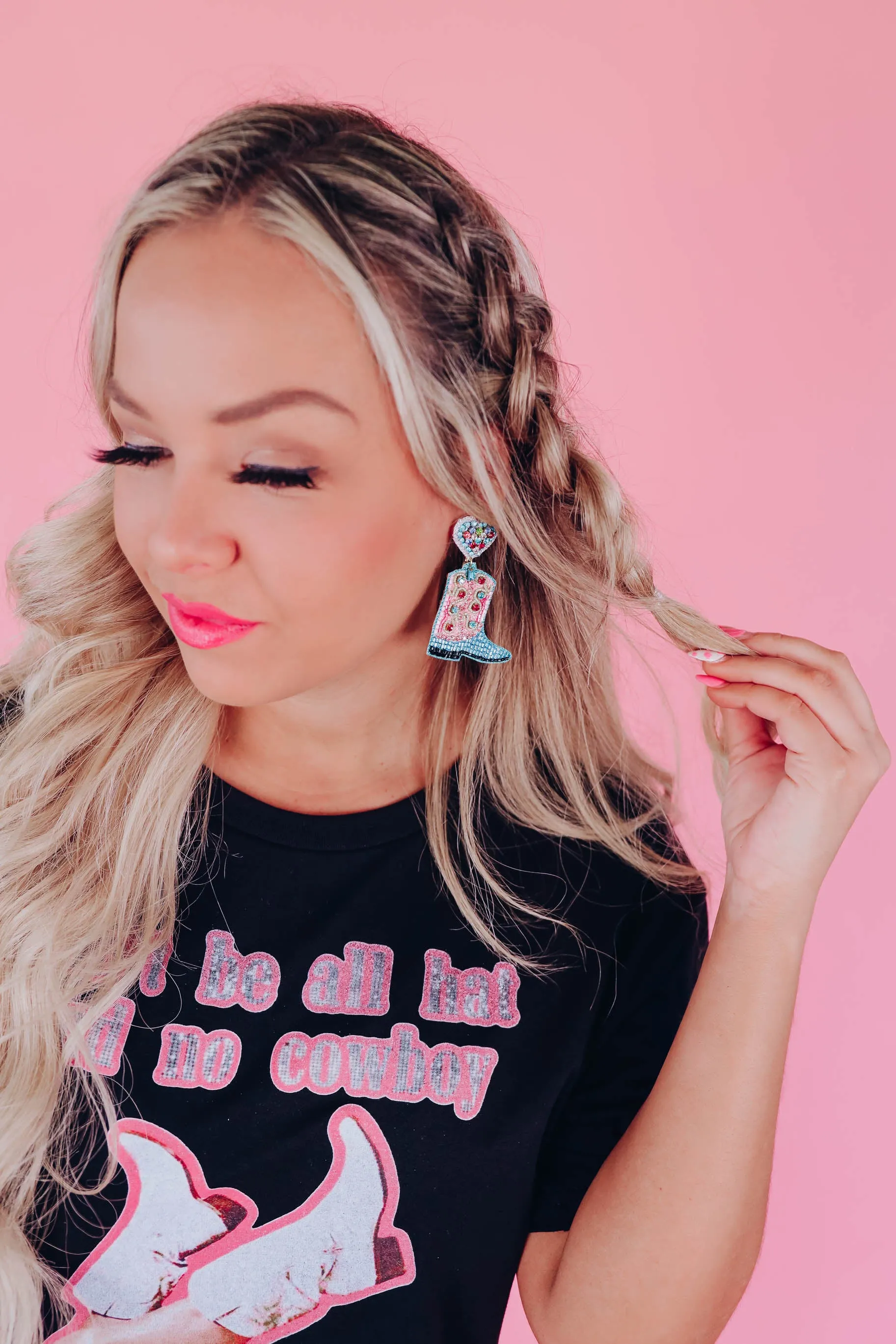 Jolene Beaded Cowgirl Boot Earrings By Taylor Shaye - Blue/Pink