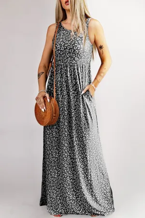 Leopard Print Sleeveless Maxi Dress with Pockets Charcoal/Black