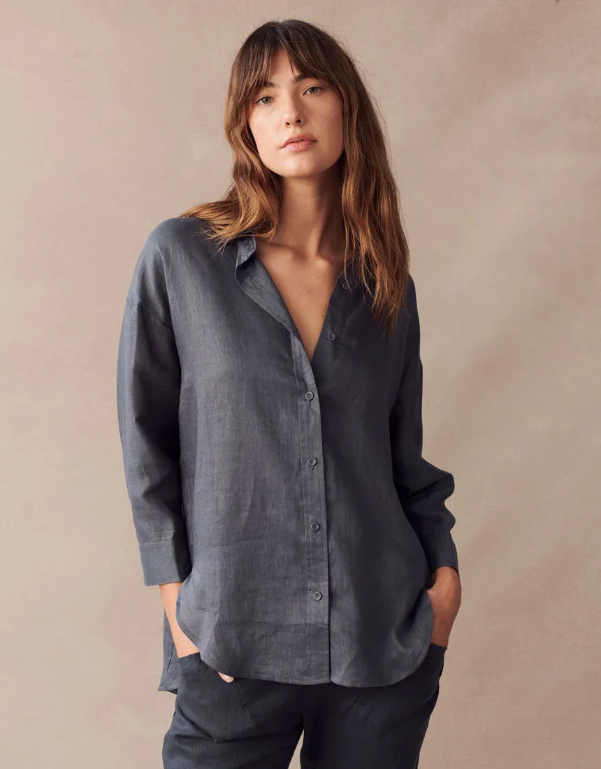 Little Lies Boyfriend Linen Shirt - Navy