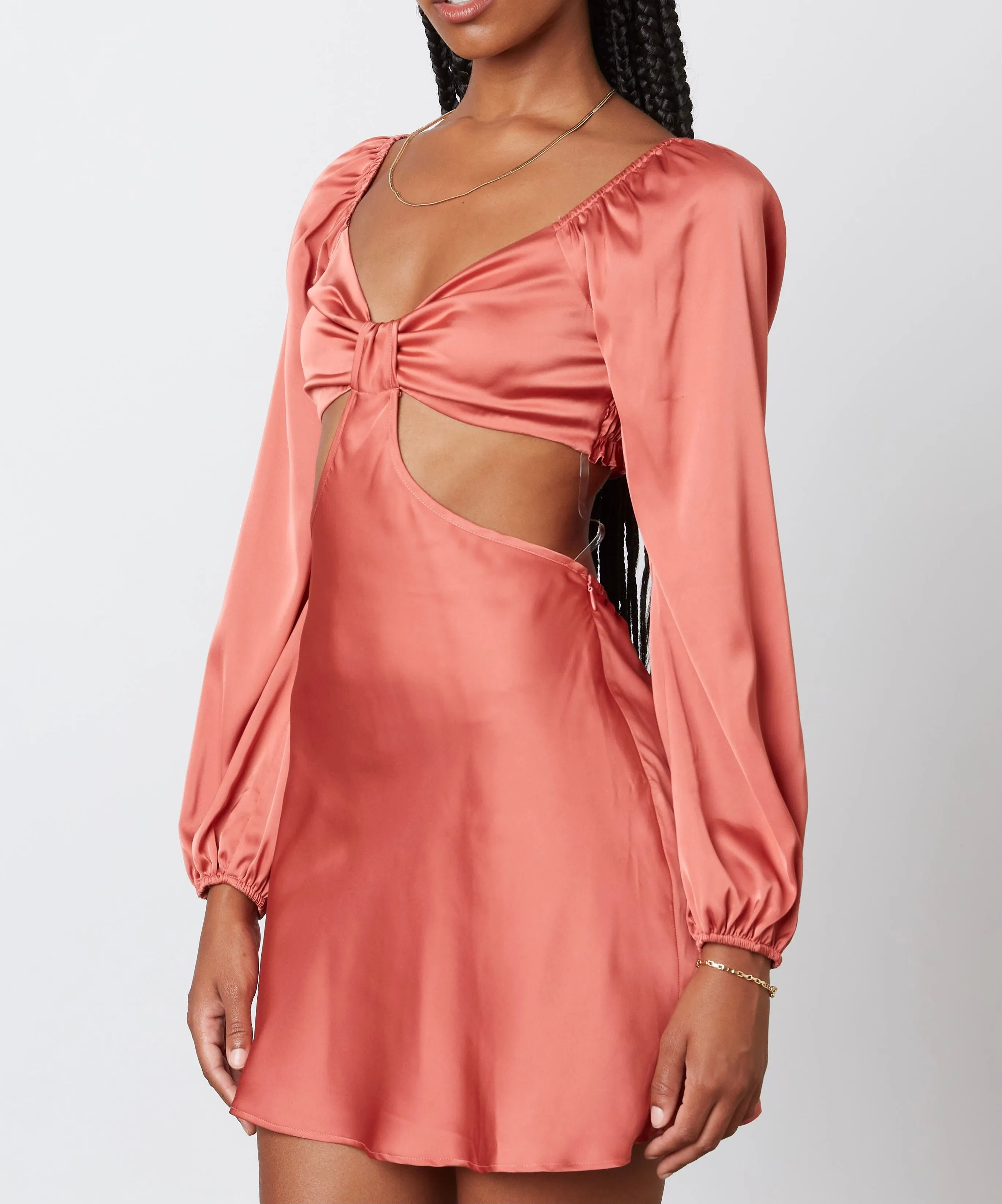 Long Sleeve Satin Cut Out Smock Back Mini Dress
