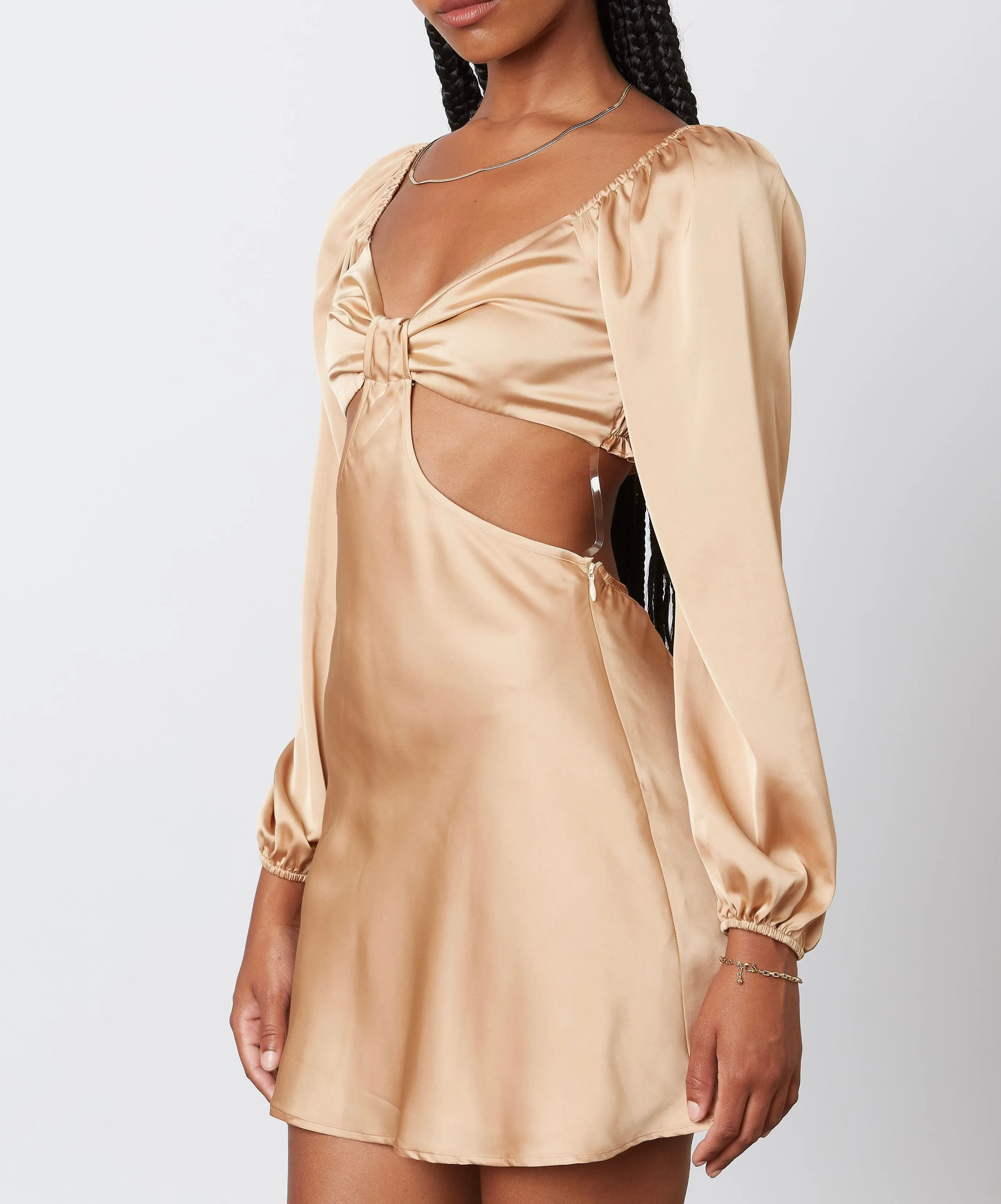 Long Sleeve Satin Cut Out Smock Back Mini Dress