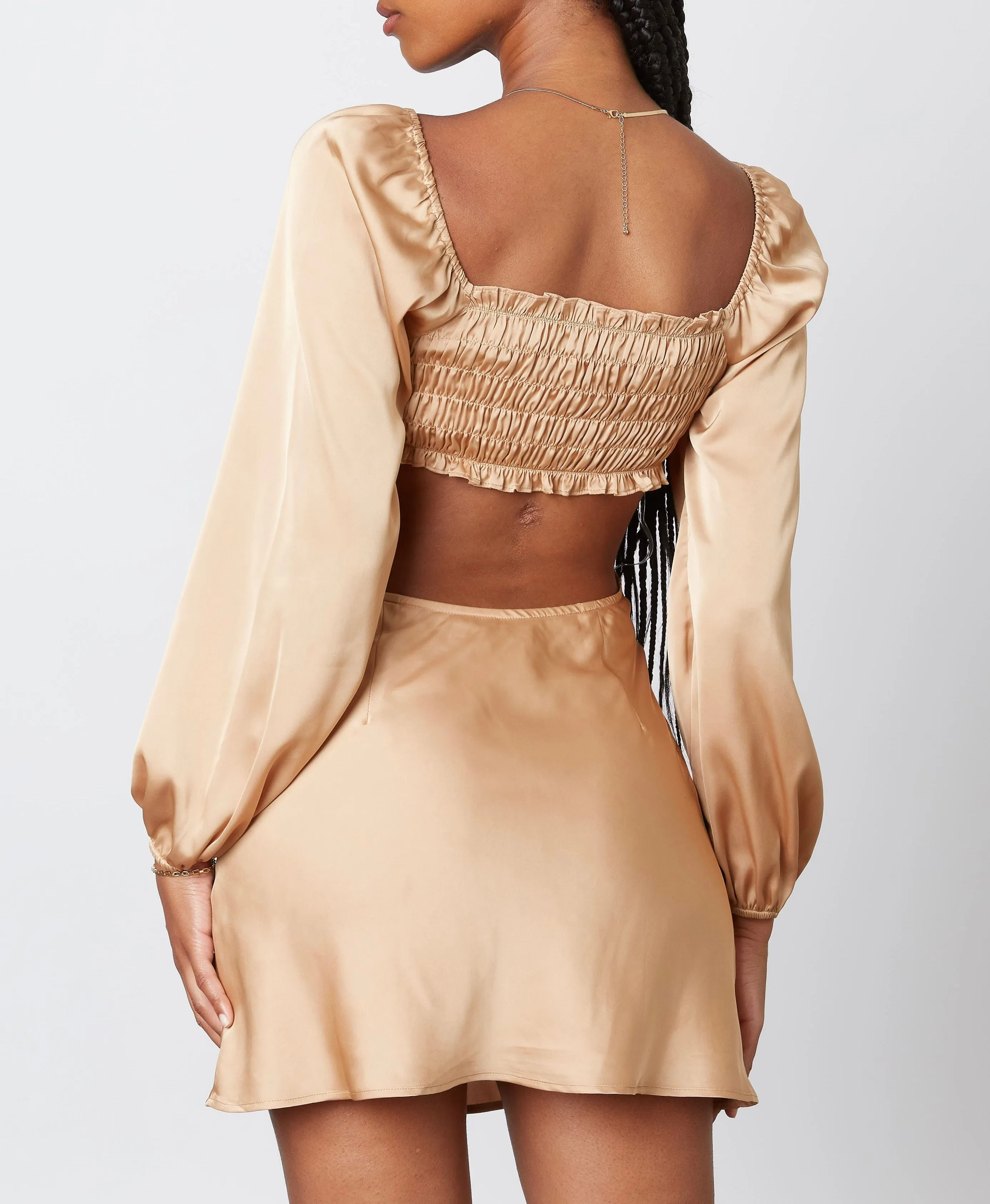 Long Sleeve Satin Cut Out Smock Back Mini Dress