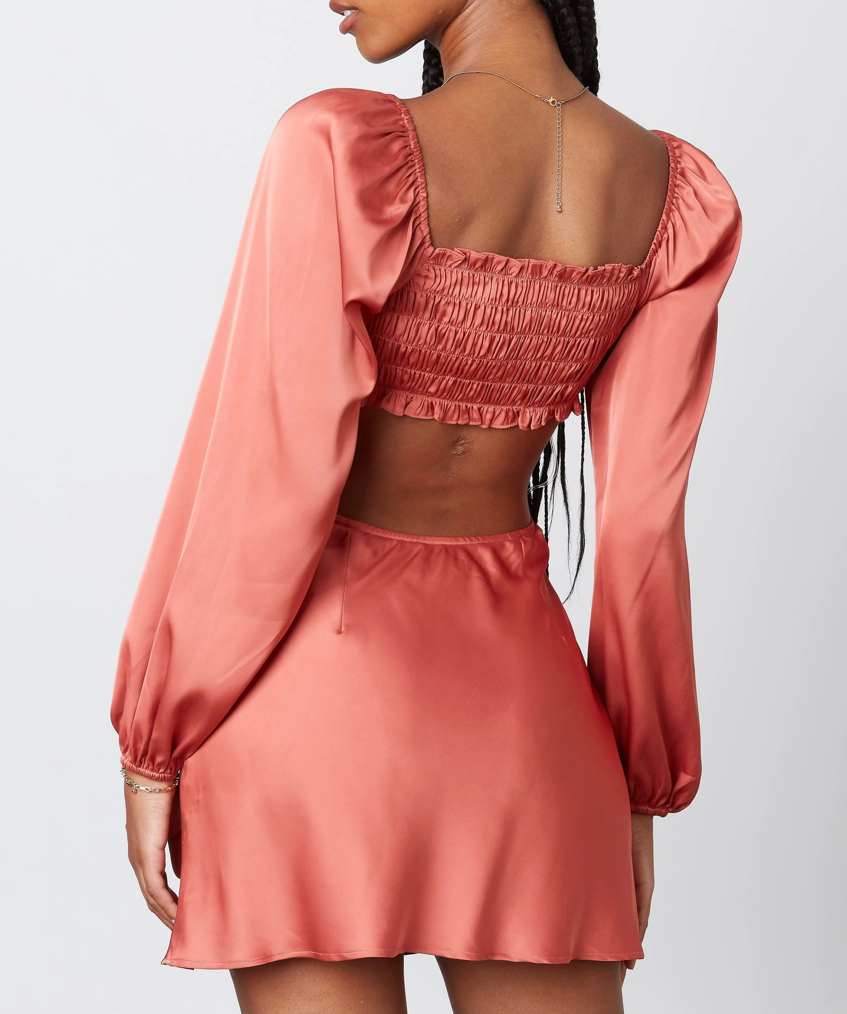 Long Sleeve Satin Cut Out Smock Back Mini Dress