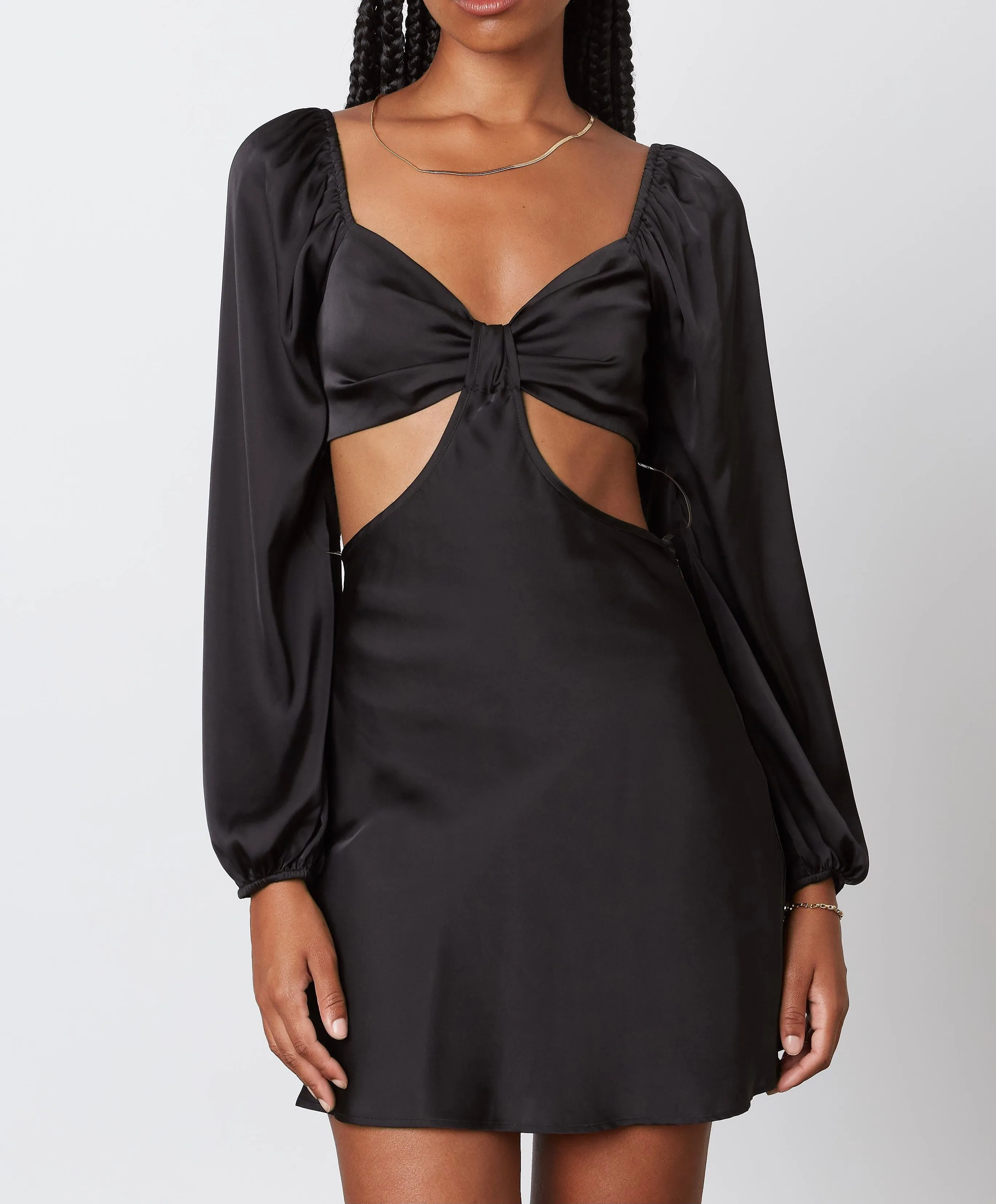 Long Sleeve Satin Cut Out Smock Back Mini Dress