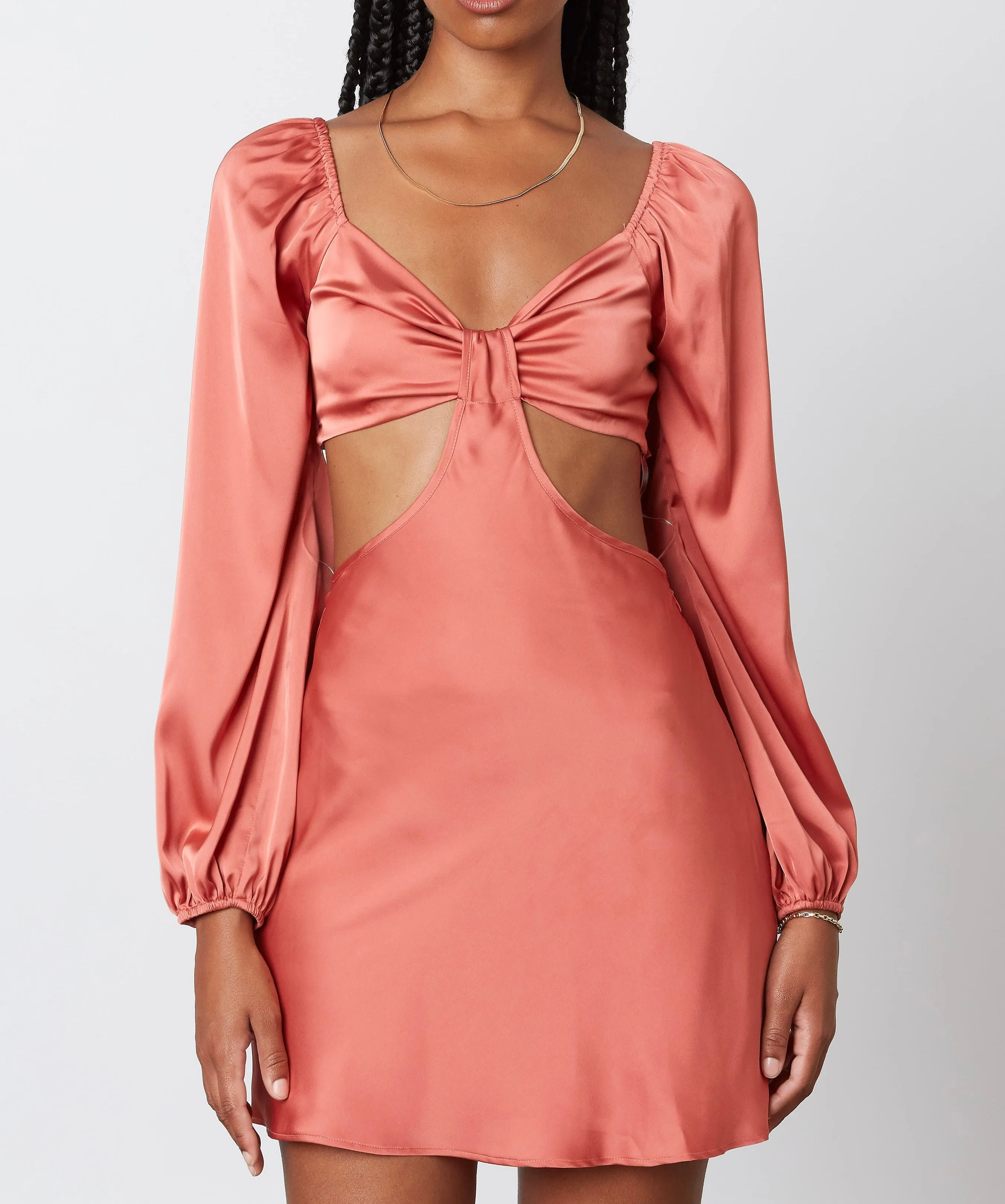 Long Sleeve Satin Cut Out Smock Back Mini Dress