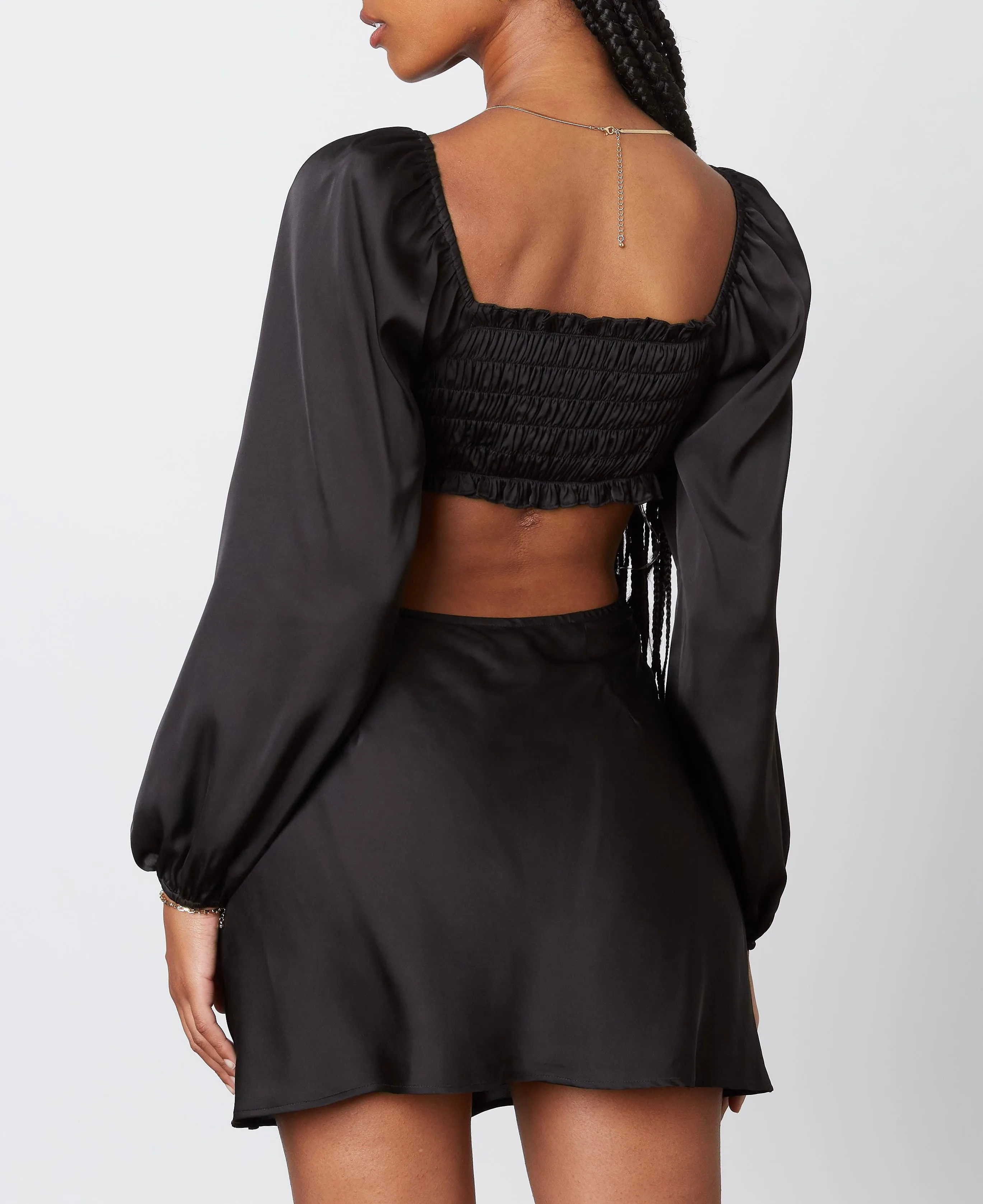 Long Sleeve Satin Cut Out Smock Back Mini Dress