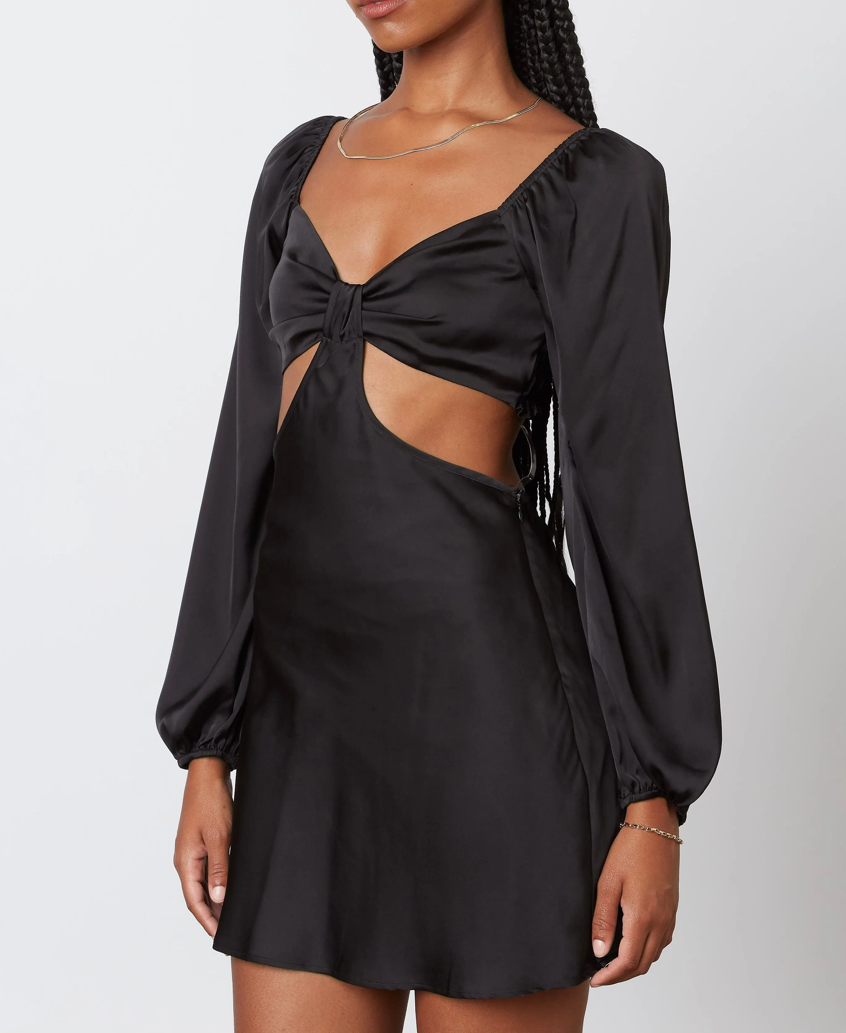 Long Sleeve Satin Cut Out Smock Back Mini Dress