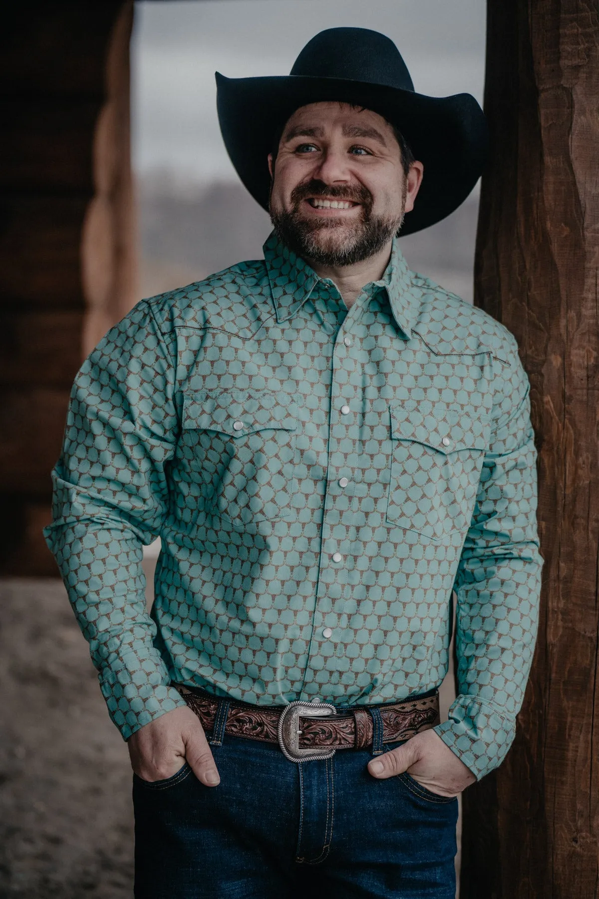 Longhorn Honey Comb Teal Pearl Snap by Justin Boots (1 S Only)
