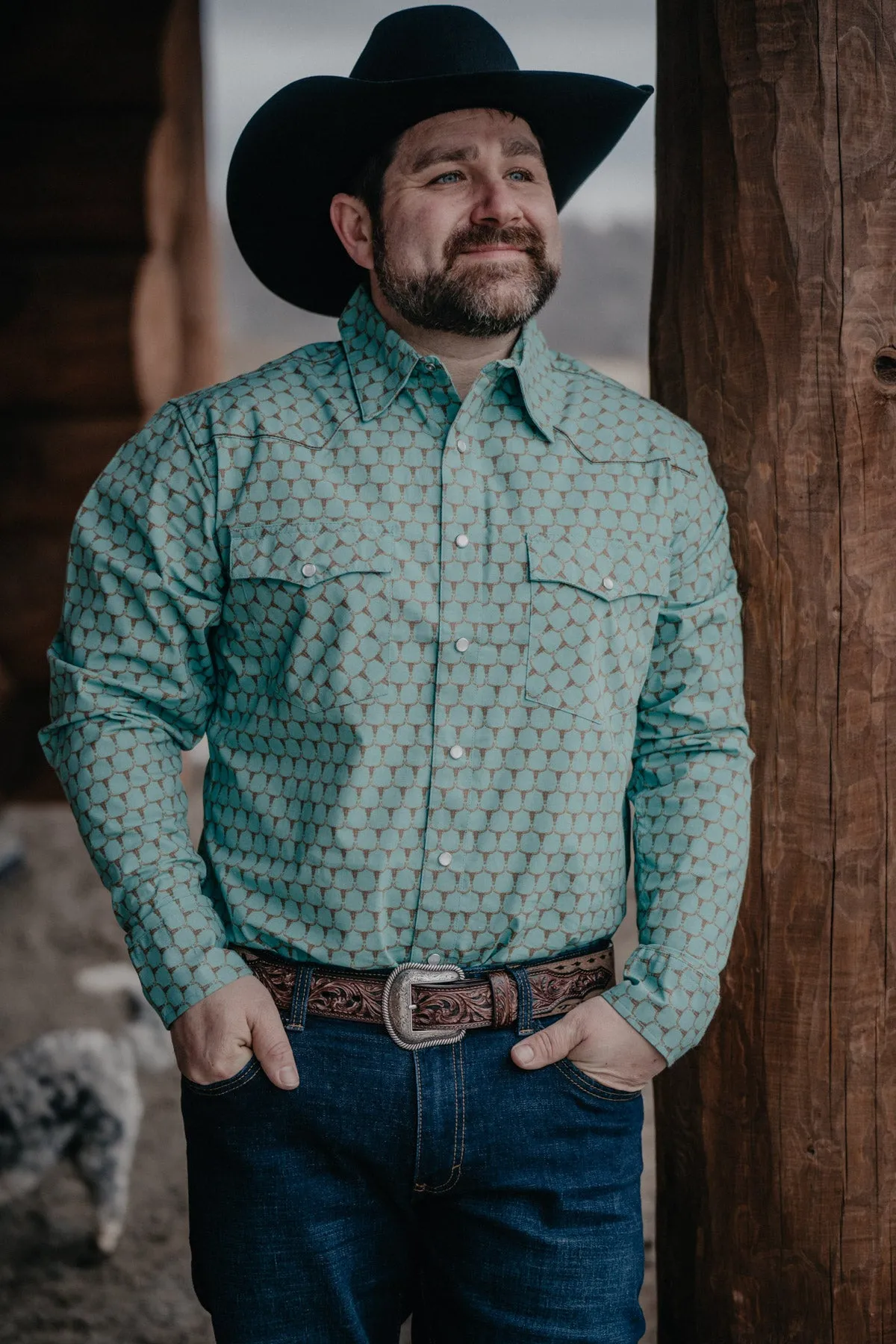 Longhorn Honey Comb Teal Pearl Snap by Justin Boots (1 S Only)