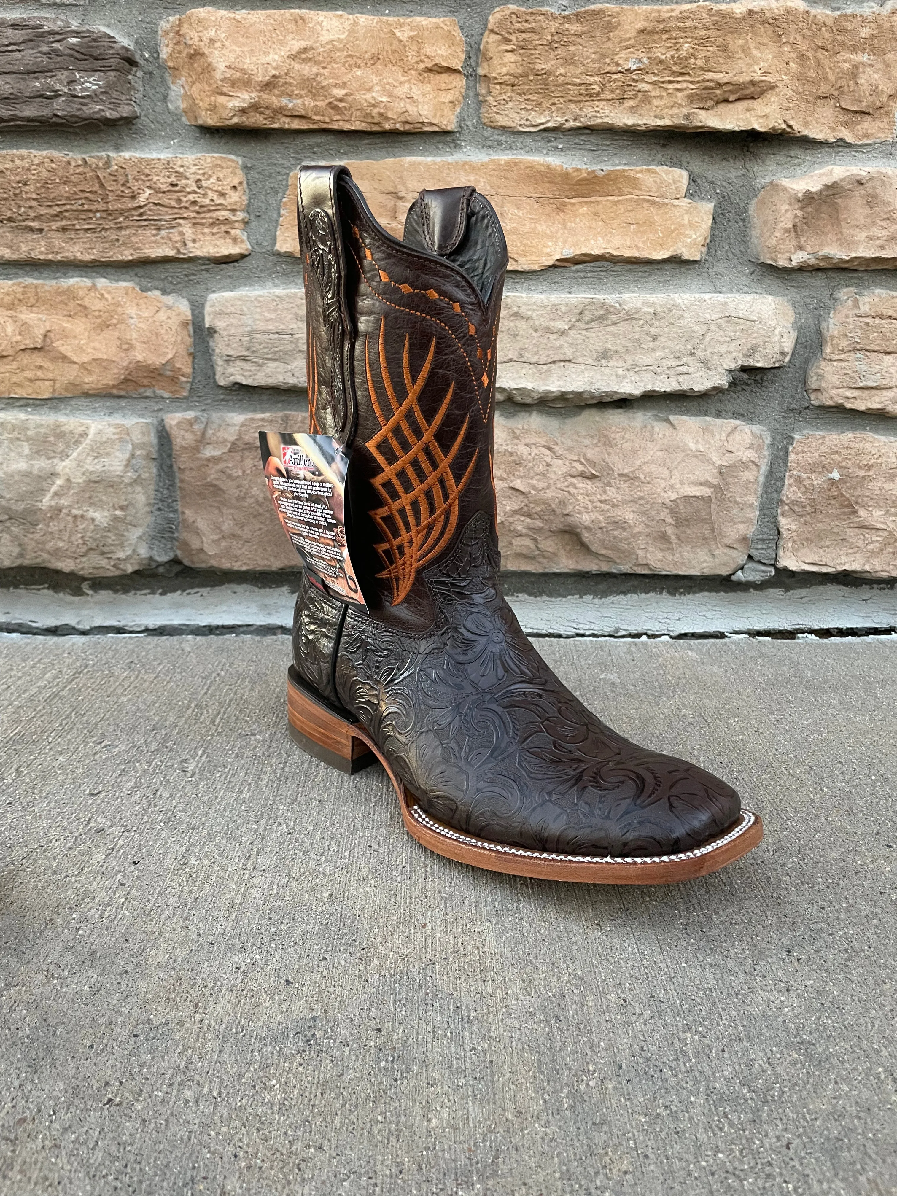 Men's Artillero Hand Tooled Chiseled Print Wide Square Toe