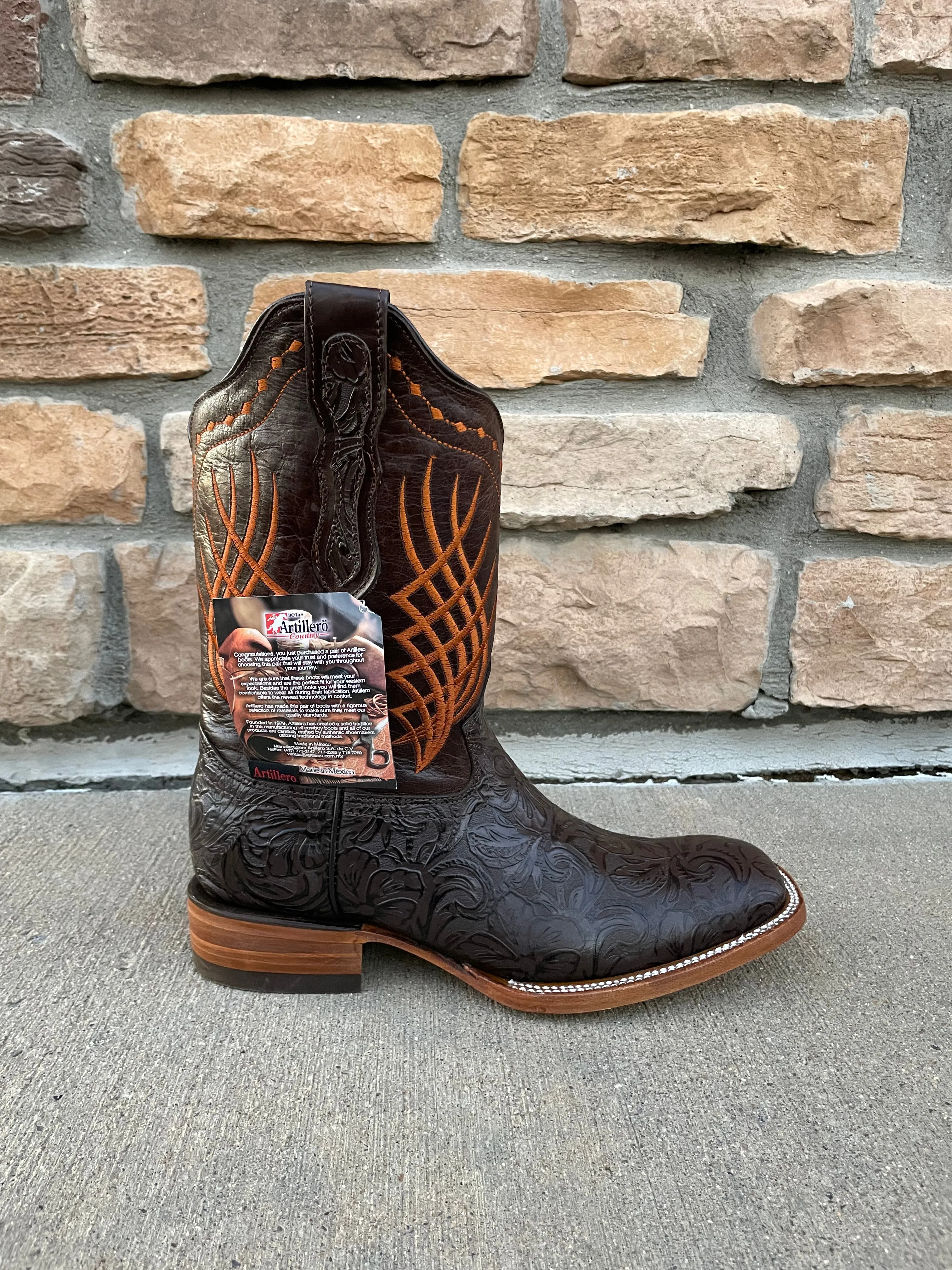 Men's Artillero Hand Tooled Chiseled Print Wide Square Toe