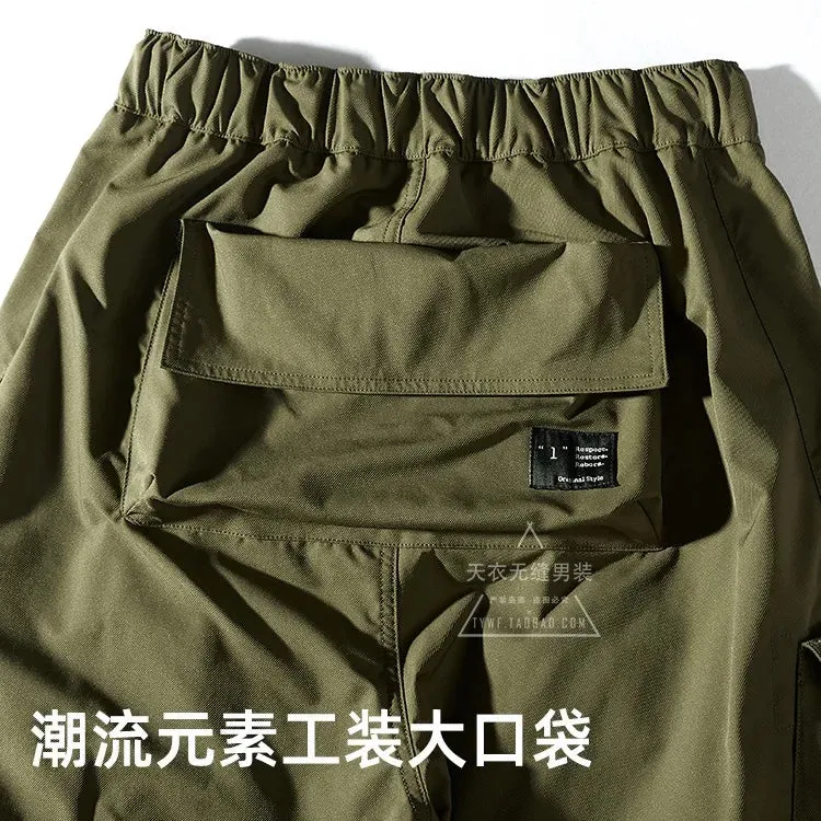 Men's Retro Loose Woven Tooling Pants - Pure Cotton Washed Old Casual Multi-Pocket Wide-Leg Daddy Pants