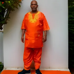 Men's Traditional African Outfit - Silky Red Embroidered Dashiki Set