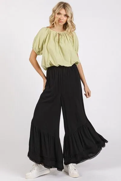 Mittoshop Lace Ruffle Asymmetric Hem Wide Leg Pants