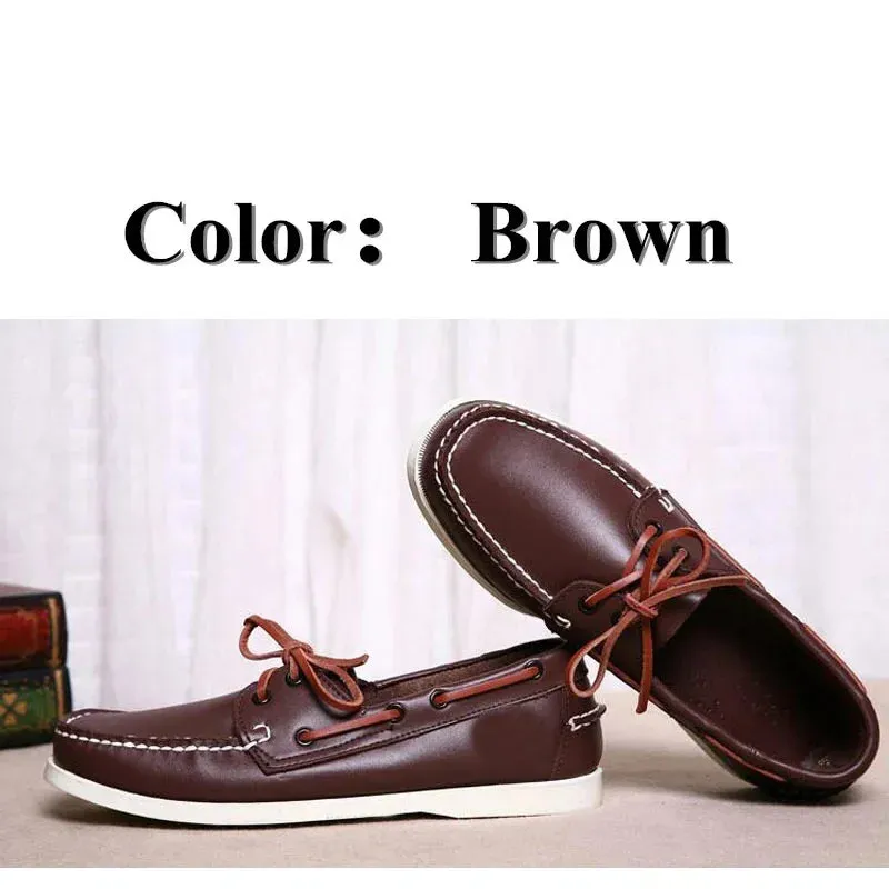New Genuine Leather Men's Casual Boat shoes Women Loafers Driving Fashion Unisex Handmade Shoes Lace-up