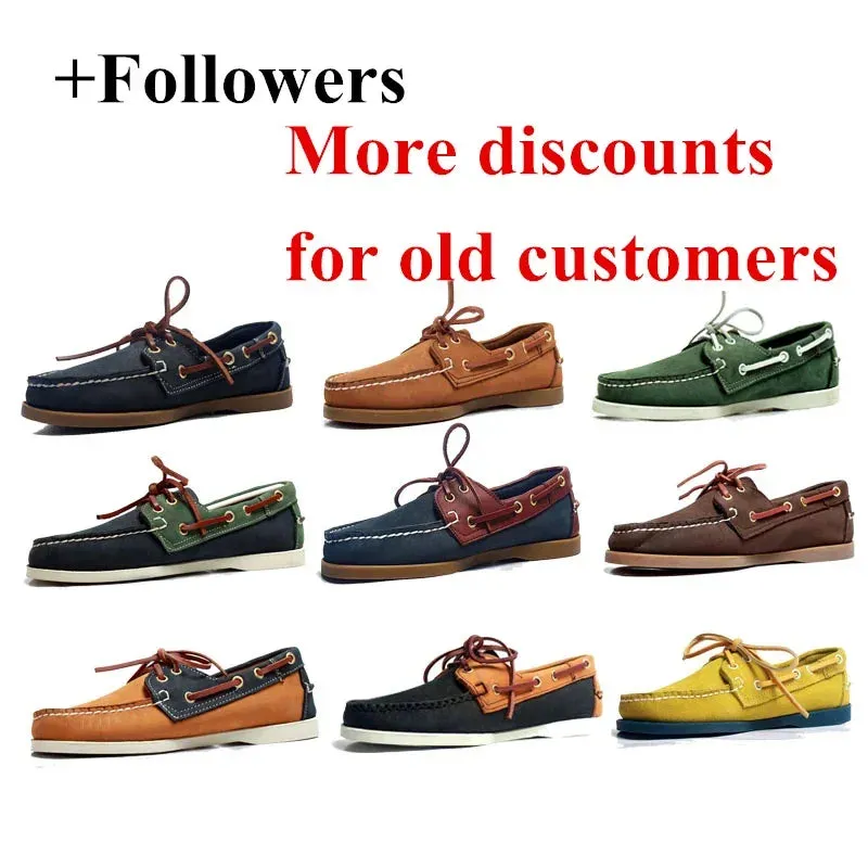 New Genuine Leather Men's Casual Boat shoes Women Loafers Driving Fashion Unisex Handmade Shoes Lace-up